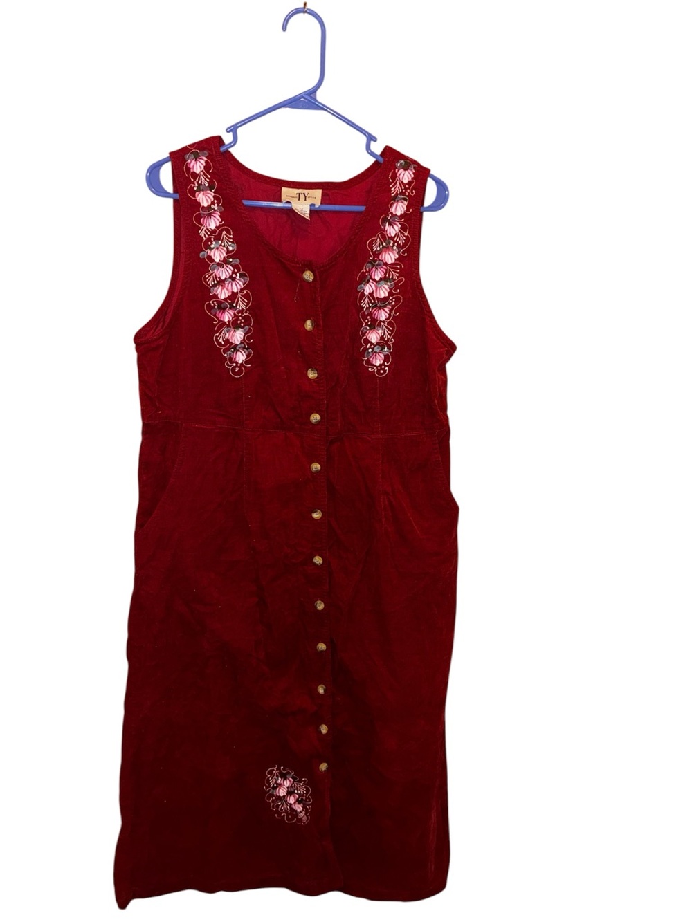 Vintage TY jumper dress deep maroon corduroy adorned with embroidered floral 12